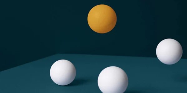 Several white spheres and one orange sphere floating above a dark surface