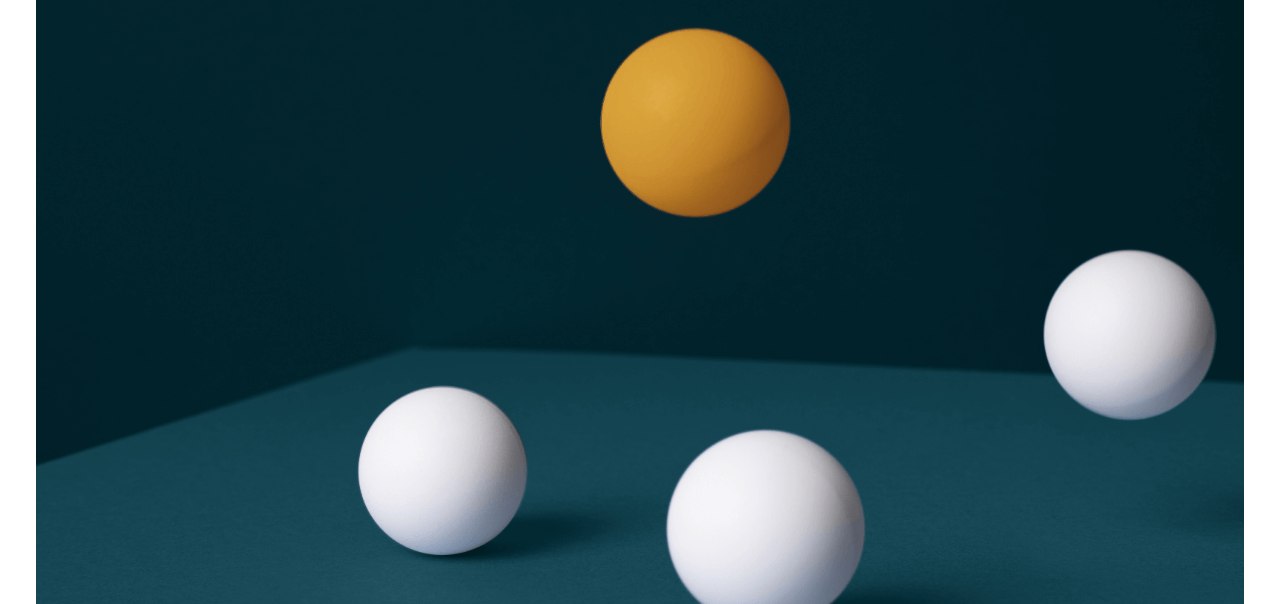 Abstract three white one yellow sphere teal bg