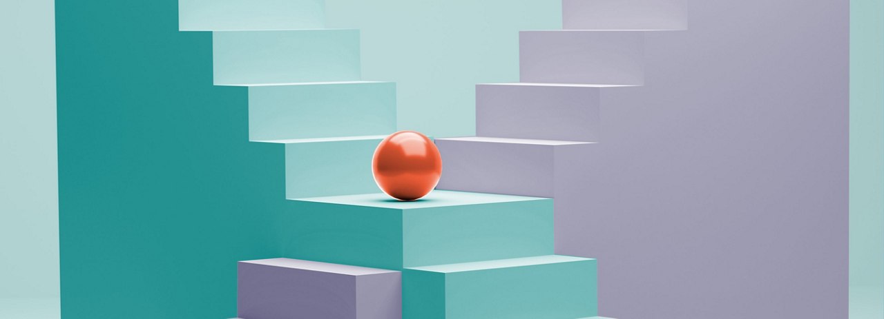 Abstrakte Treppe mit Kugel und optischer Täuschung