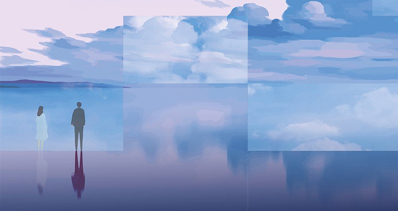 Two people standing on a reflective surface, facing a serene sky with layered clouds and soft pastel tones