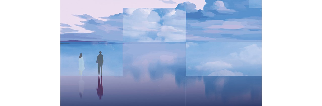 Two people standing on a reflective surface, facing a serene sky with layered clouds and soft pastel tones