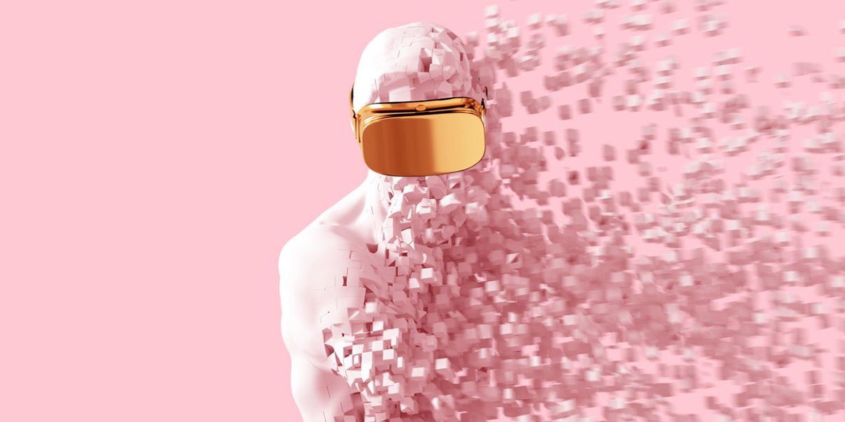 A man in a shiny gold eye gear stands out against a bright pink background