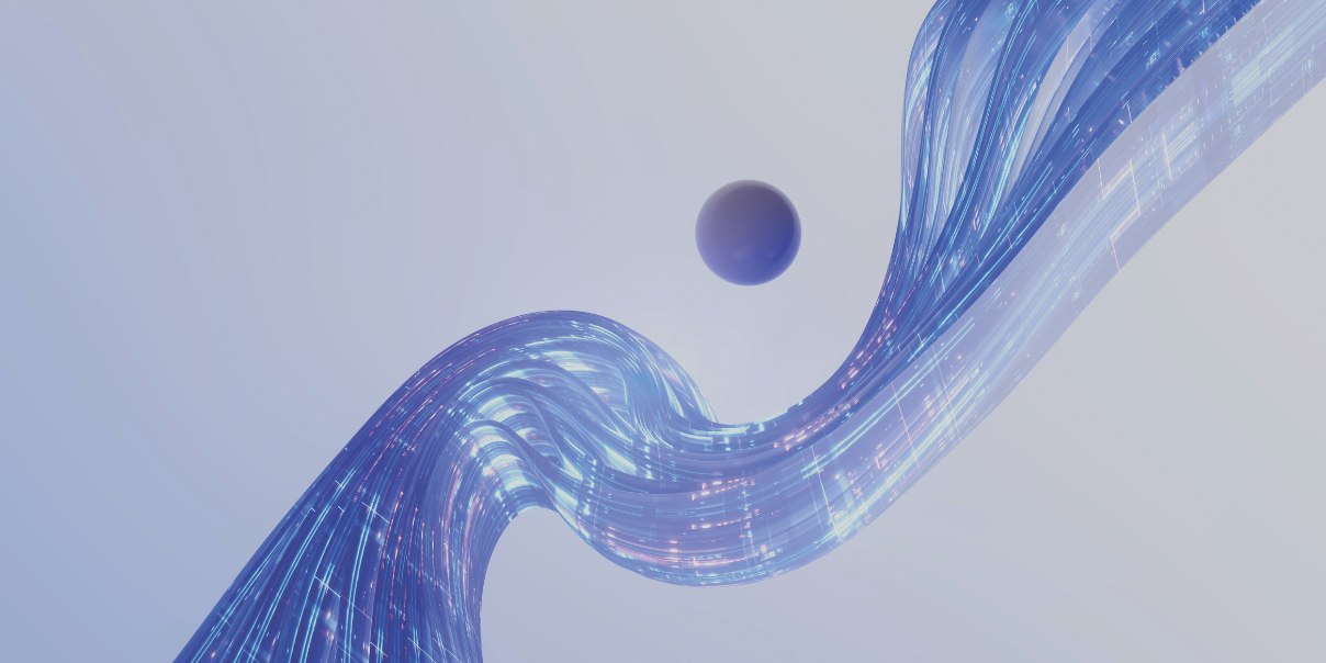 Abstract digital artwork featuring a glowing blue ribbon-like structure and a floating sphere on a soft gradient background.