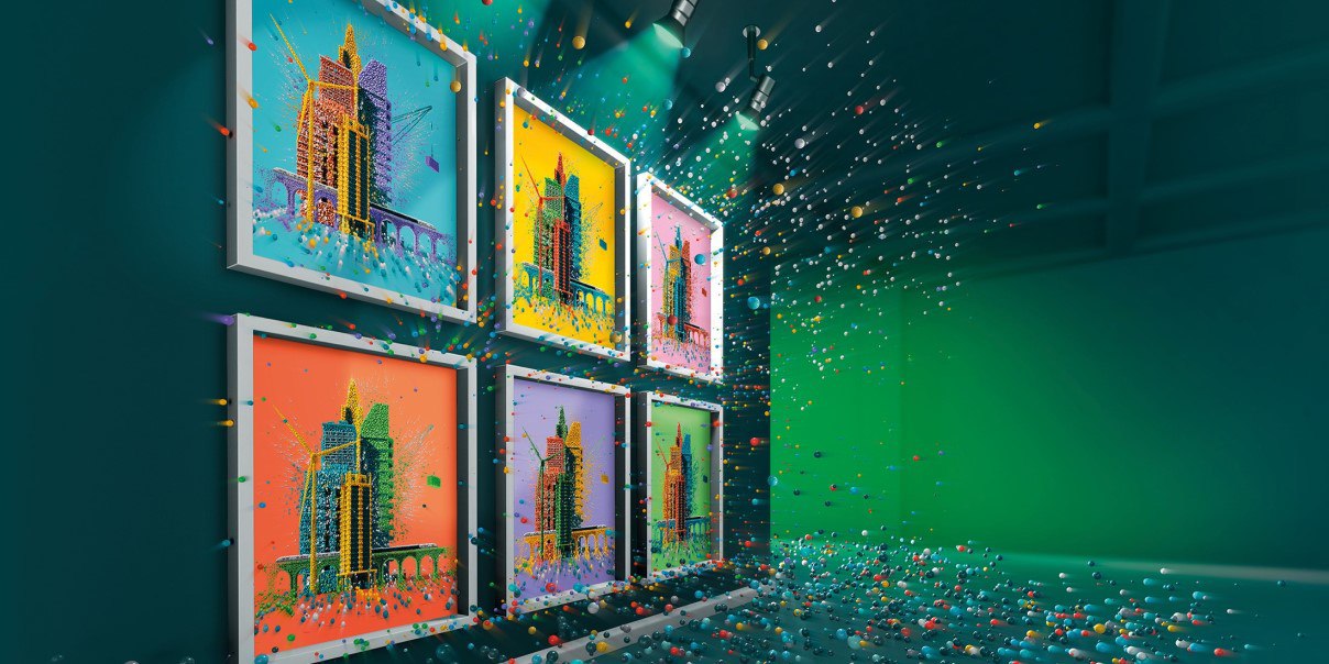 6 city scape image on green wall with multiple vibrant color