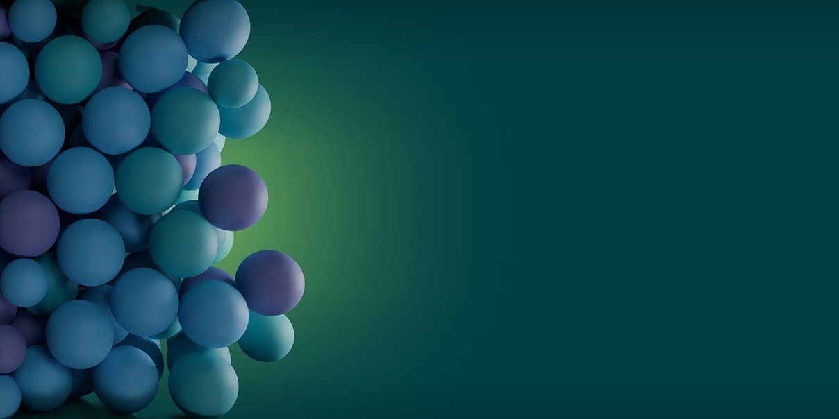 A cluster of blue and purple spheres on a gradient green background