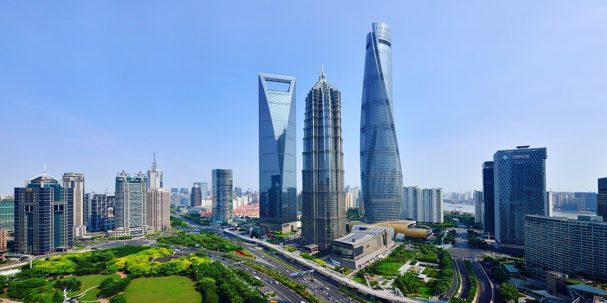 Shanghai landmark skyscraper in lujiazui financial district at sunny day, China.