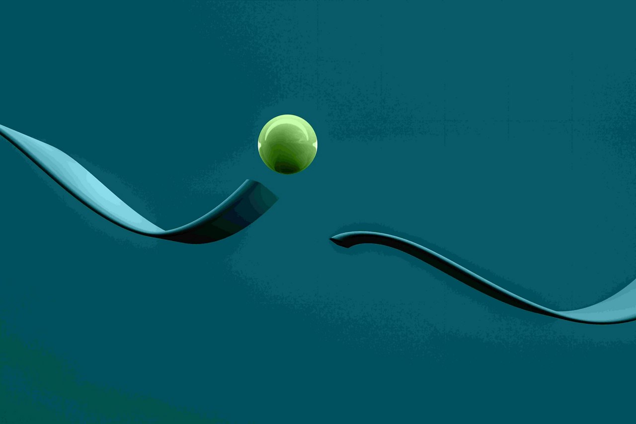A green dot suspended in mid-air against a teal background