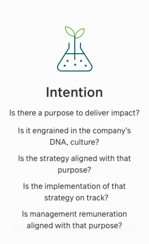 Intention - Is there a purpose to deliver impact? Is it engrained in the company's DNA, culture? Is the strategy aligned with that purpose? Is the implementation of the strategy on track? Is the management remuneration aligned with that purpose? 