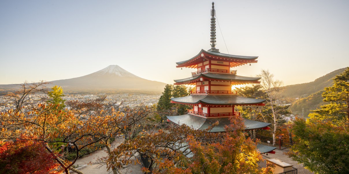 Japanese monastery near snow mountain