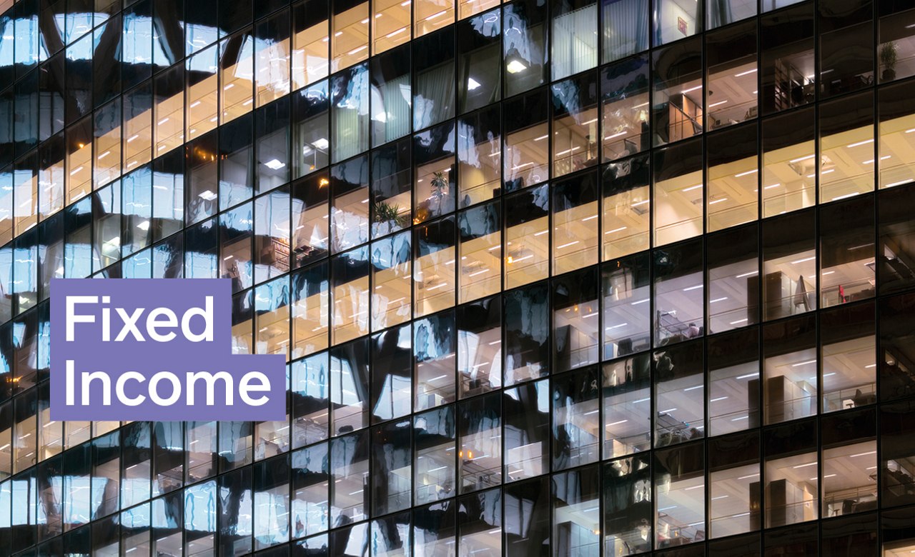 Modern office building with 'Fixed Income' text on purple banner