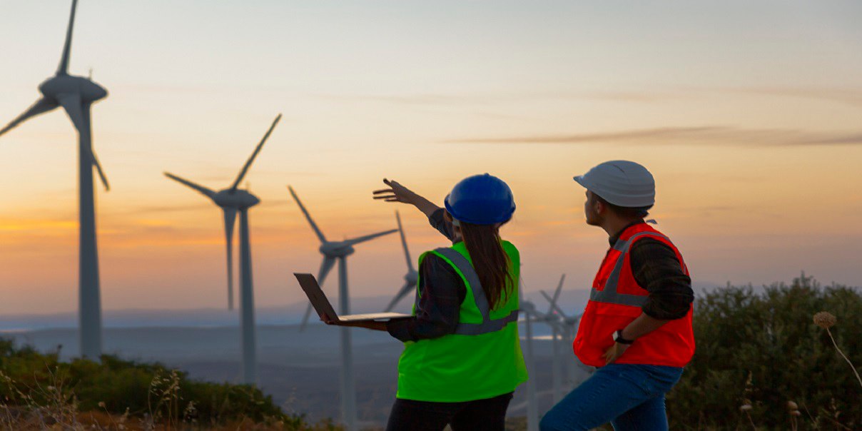 Young electrical engineer woman and business man standing in front of wind turbines checking and working about technical problems and writes the results of measurements with laptop pc in wind power plant electric energy station.