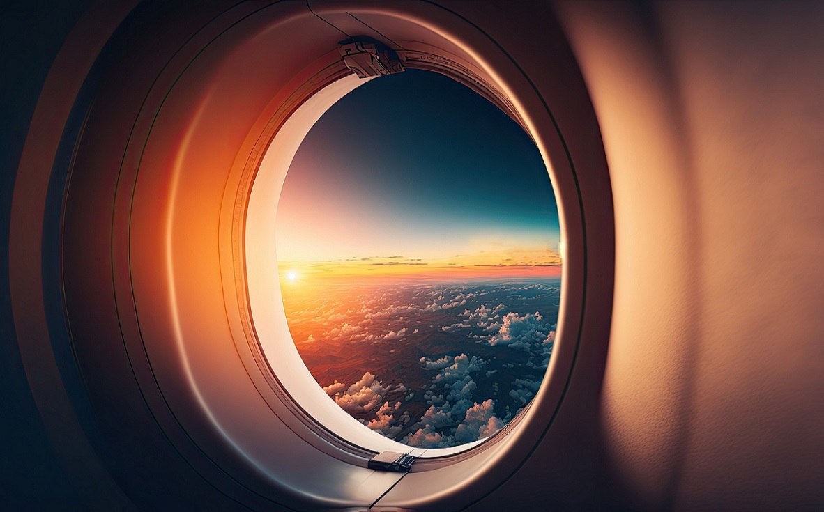 Charming aerial view of the sky from the airplane window during sunset and golden hour, on the way to vacation. AI generative