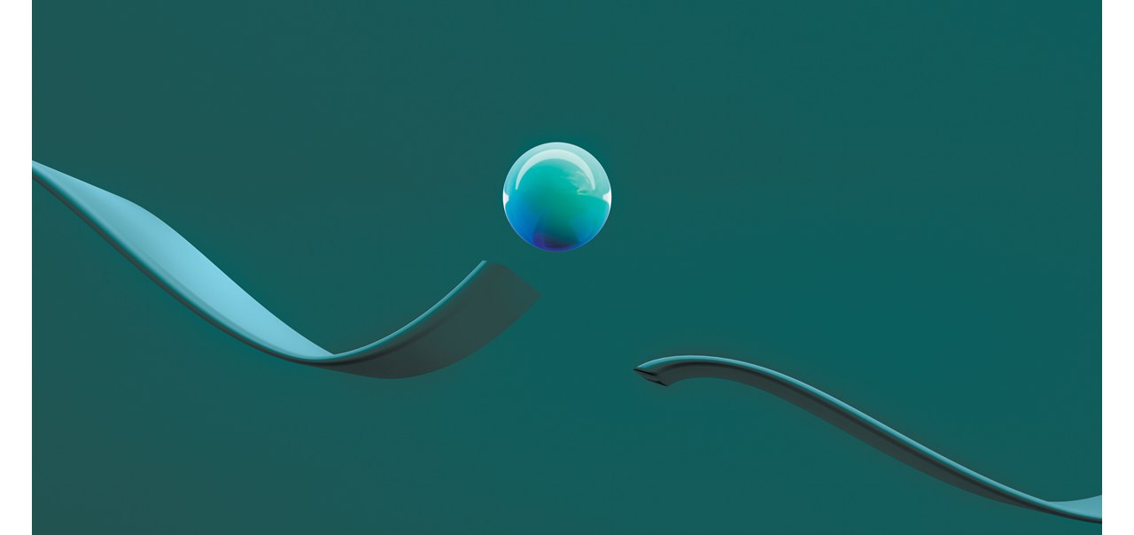 Teal background with green ball in the middle surrounded by two ribbon shapes