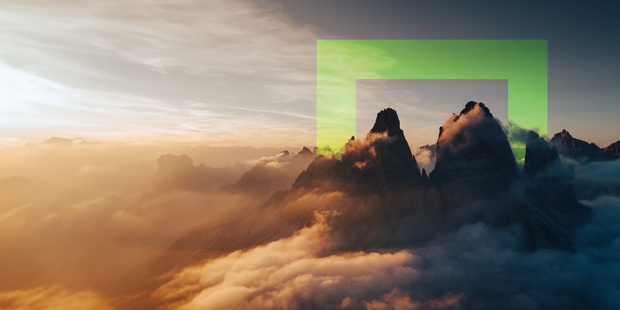 sunrise mountain clouds with green square