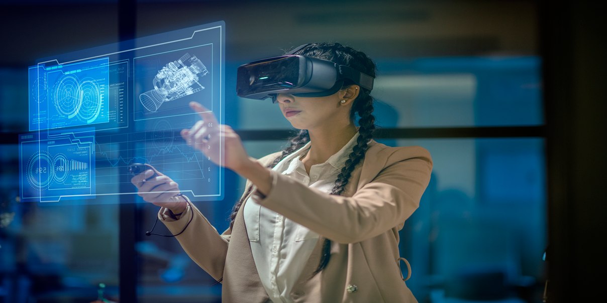 Woman working with virtual glasses